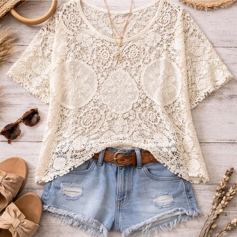 ODDY Crochet Lace Short Sleeve Top - Cream